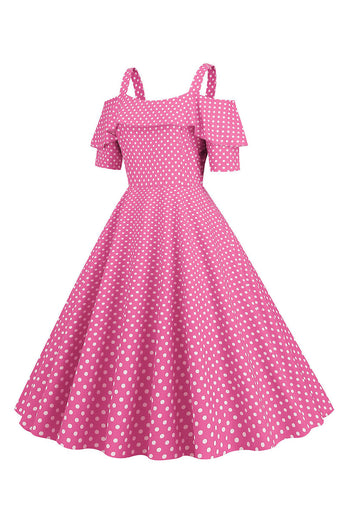 Cold Shoulder Polka Dots Barbie Pink 1950-tallet kjole