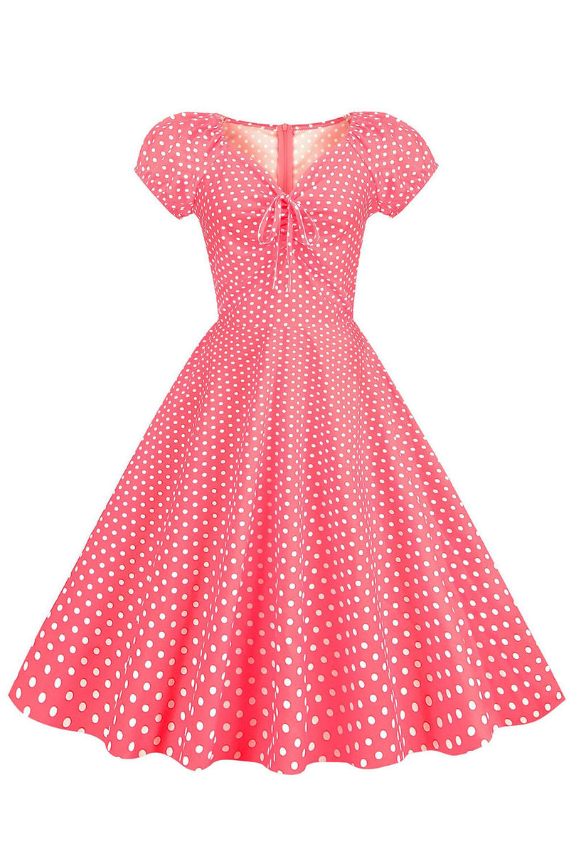 Load image into Gallery viewer, Rosa røde prikker Puff ermer kjole fra 1950-tallet