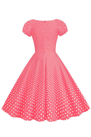Rosa røde prikker Puff ermer kjole fra 1950-tallet