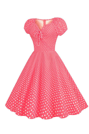 Rosa røde prikker Puff ermer kjole fra 1950-tallet