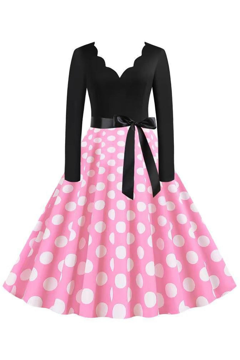 Load image into Gallery viewer, Polka prikker rosa lange ermer kjole fra 1950-tallet