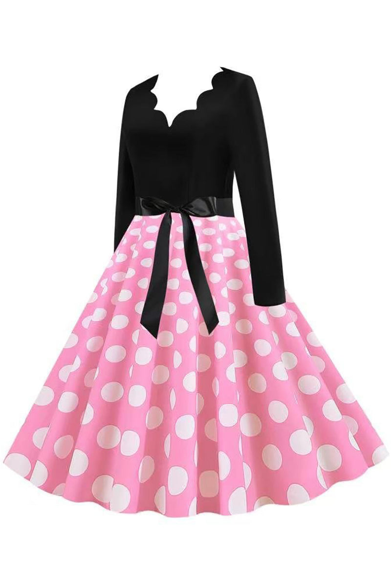 Load image into Gallery viewer, Polka prikker rosa lange ermer kjole fra 1950-tallet