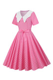 Rosa polka dot korte ermer Peter Pan vintage kjole