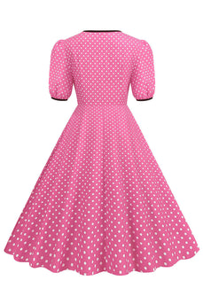 Rosa korte ermer Polka Dots kjole fra 1950-tallet