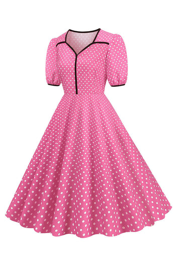 Rosa korte ermer Polka Dots kjole fra 1950-tallet