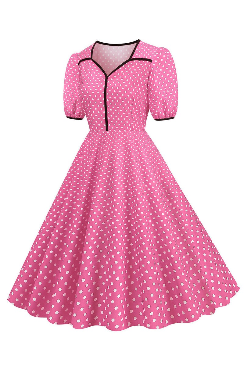 Load image into Gallery viewer, Rosa korte ermer Polka Dots kjole fra 1950-tallet