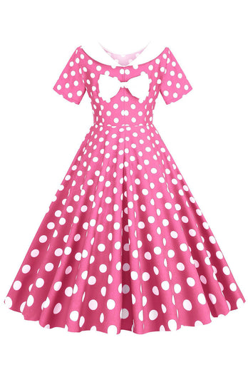 Rosa polka prikker båthals 1950-tallskjole med sløyfeknute