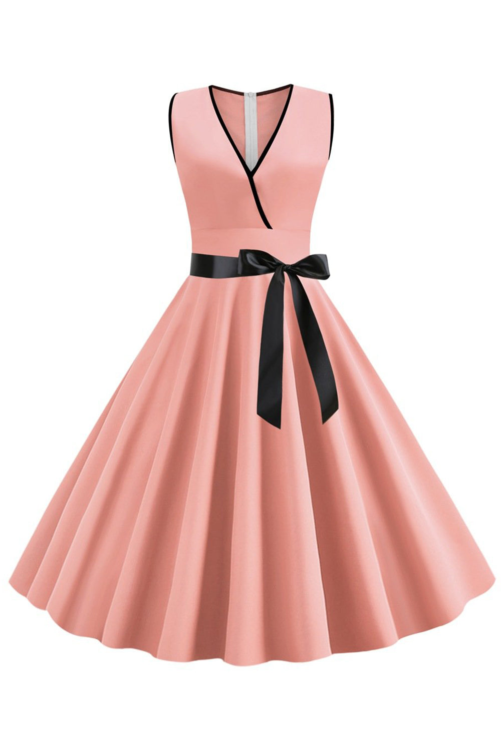 Blush ermeløs V-hals kjole fra 1950-tallet med sløyfeknute