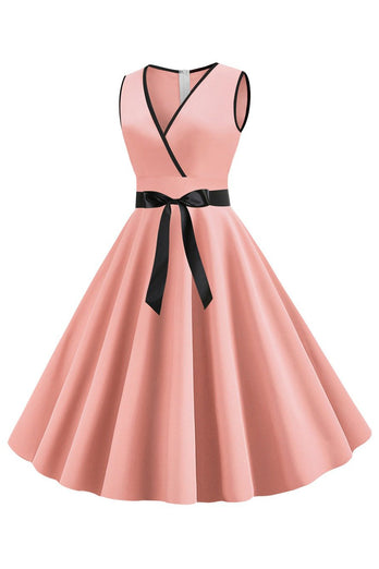 Blush ermeløs V-hals kjole fra 1950-tallet med sløyfeknute