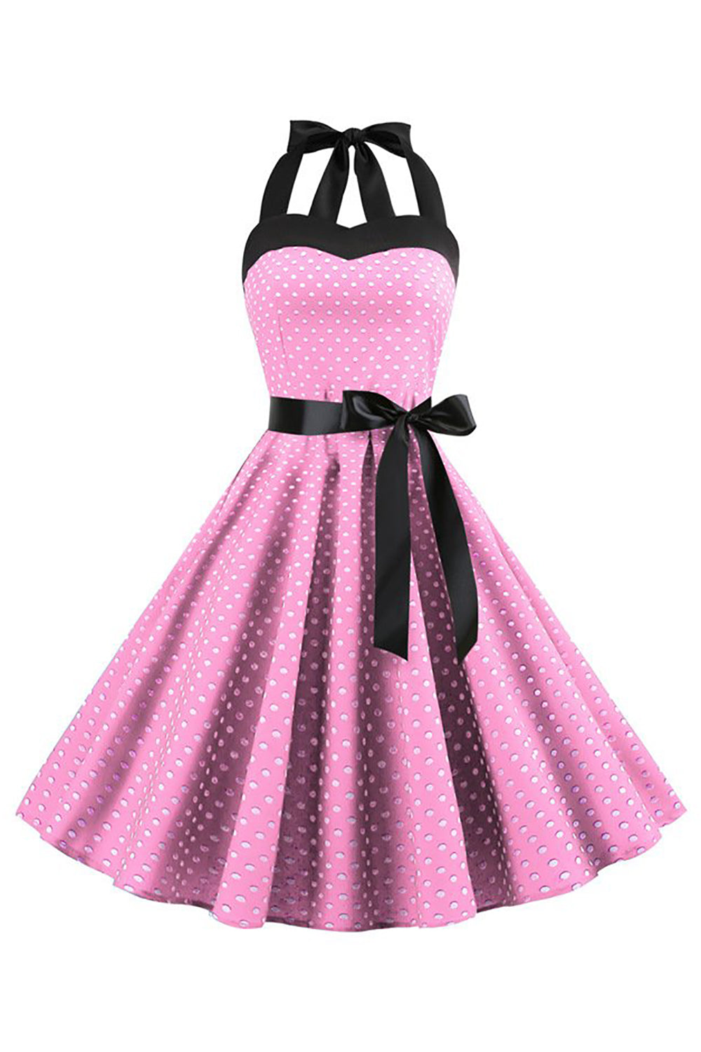 Rosa polka prikker Halter kjole fra 1950-tallet med sløyfeknute