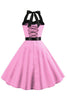 Load image into Gallery viewer, Rosa polka prikker Halter kjole fra 1950-tallet med sløyfeknute