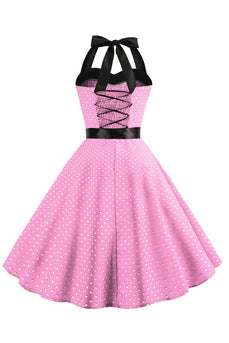 Rosa polka prikker Halter kjole fra 1950-tallet med sløyfeknute