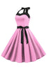 Load image into Gallery viewer, Rosa polka prikker Halter kjole fra 1950-tallet med sløyfeknute