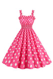 Rosa Polka prikker En linje Smocked 1950 Kjole