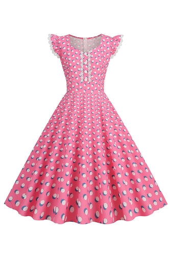 En linje rosa polka prikker flagrende ermer vintage kjole