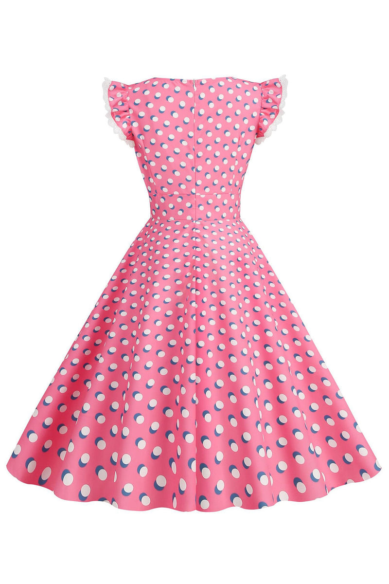 Load image into Gallery viewer, En linje rosa polka prikker flagrende ermer vintage kjole