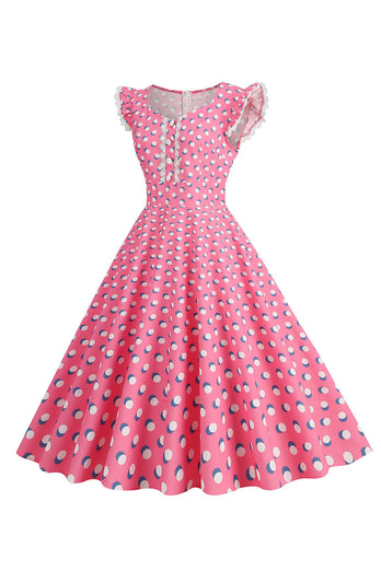 En linje rosa polka prikker flagrende ermer vintage kjole