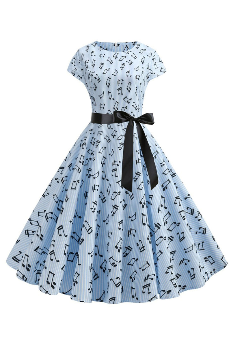 Load image into Gallery viewer, Lyseblå hetteermer med trykk på kjole fra 1950-tallet