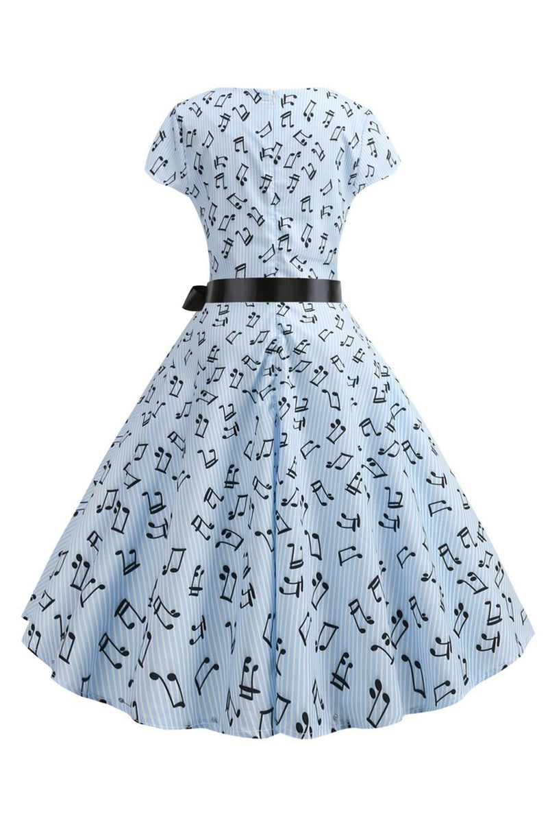 Load image into Gallery viewer, Lyseblå hetteermer med trykk på kjole fra 1950-tallet