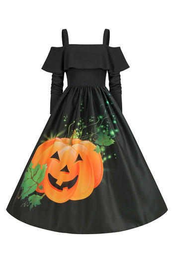 Halloween gresskar trykt svart kald skulder VIntage kjole