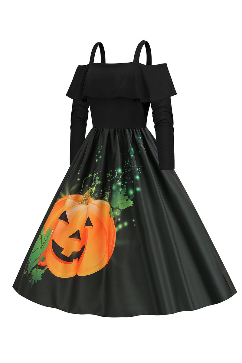 Load image into Gallery viewer, Halloween gresskar trykt svart kald skulder VIntage kjole