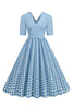 Load image into Gallery viewer, Svart rutete V-hals korte ermer kjole fra 1950-tallet