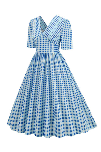 Svart rutete V-hals korte ermer kjole fra 1950-tallet