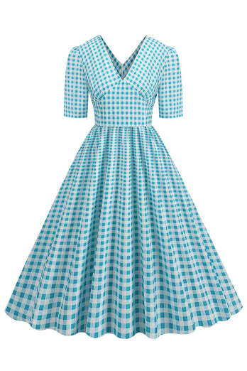 Svart rutete V-hals korte ermer kjole fra 1950-tallet