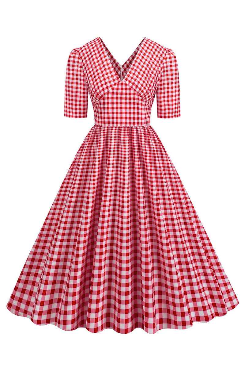 Load image into Gallery viewer, Svart rutete V-hals korte ermer kjole fra 1950-tallet