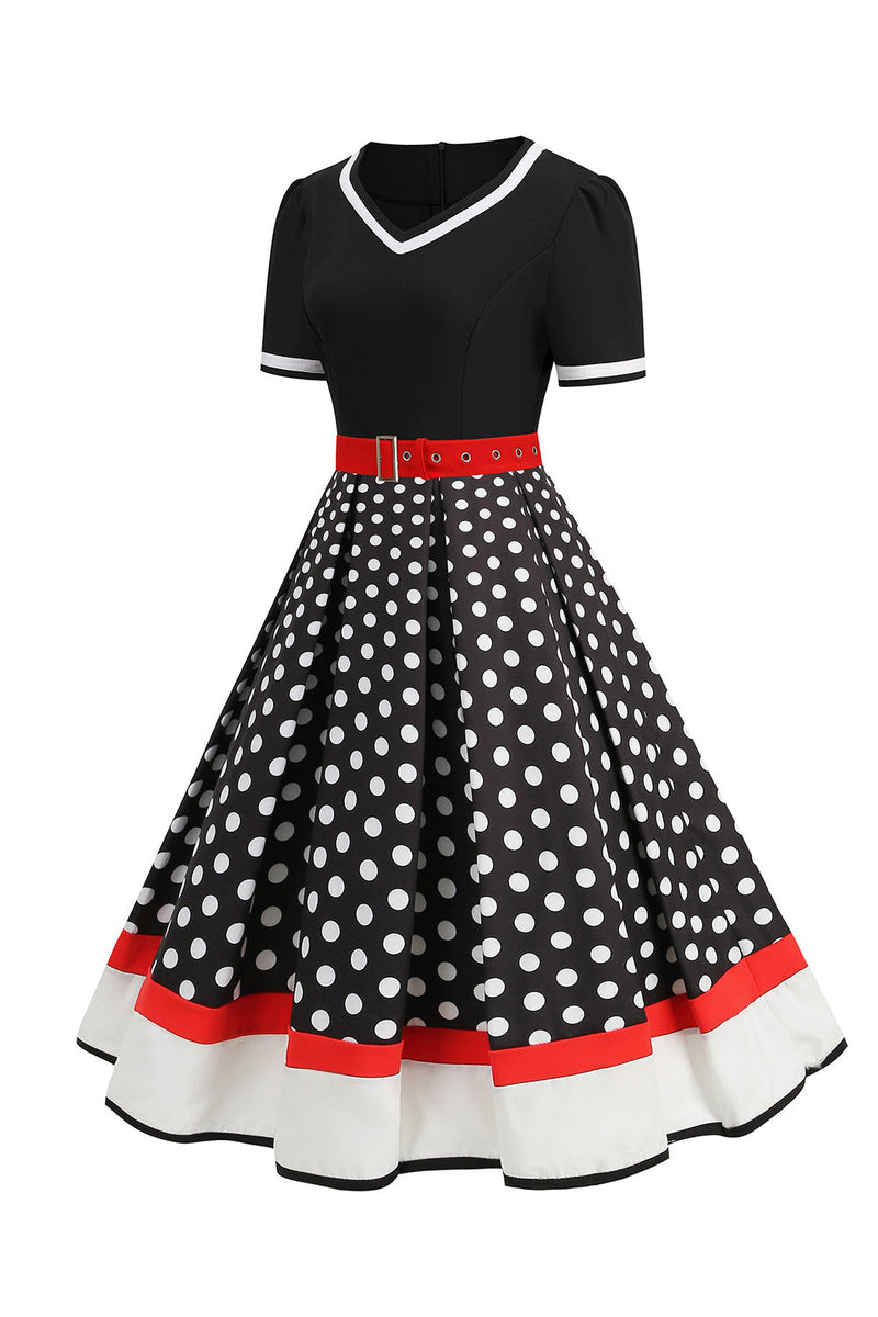 Load image into Gallery viewer, Svart hvit polka prikker V-hals vintage kjole med belte