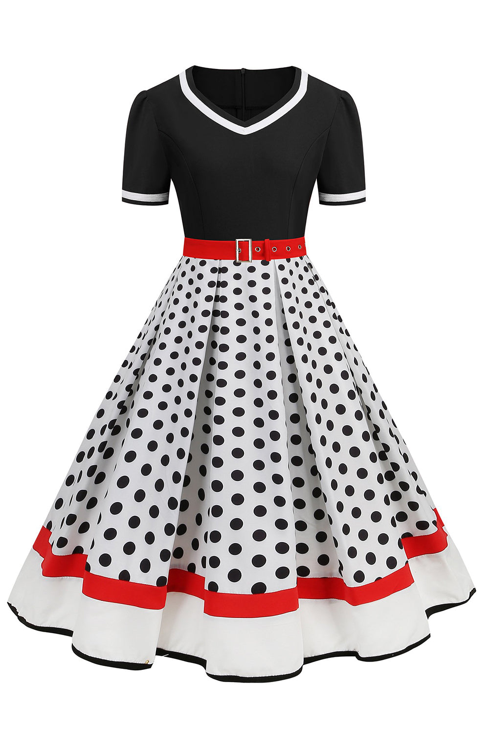 Svart hvit polka prikker V-hals vintage kjole med belte