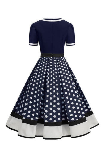 Svart hvit polka prikker V-hals vintage kjole med belte