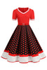 Load image into Gallery viewer, Svart hvit polka prikker V-hals vintage kjole med belte