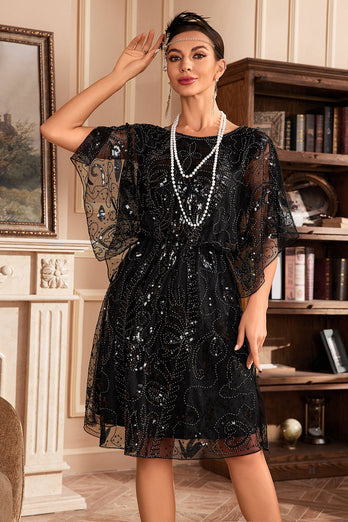 Batwing ermer Svarte paljetter kjole fra 1920-tallet