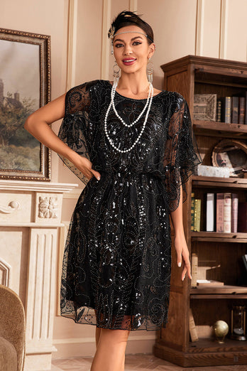 Batwing ermer Svarte paljetter kjole fra 1920-tallet