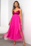 Fuchsia Deep V Neck A Line Sparkly Long Prom Dress With Slit