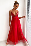 Fuchsia Deep V Neck A Line Sparkly Long Prom Dress With Slit