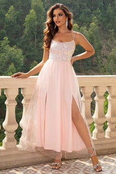 Lys rosa Spaghetti stropper Sequined Tylle Prom Dress
