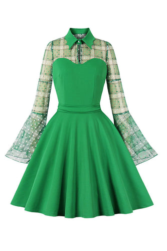 Rutete lange ermer grønn vintage kjole