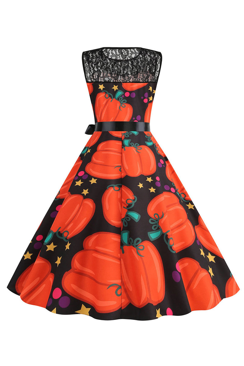 Load image into Gallery viewer, Halloween gresskar trykt oransje vintage kjole