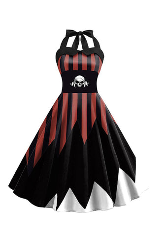 Halloween Skull Trykt Halter Black Brown Vintage kjole
