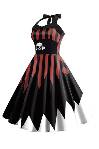 Halloween Skull Trykt Halter Black Brown Vintage kjole