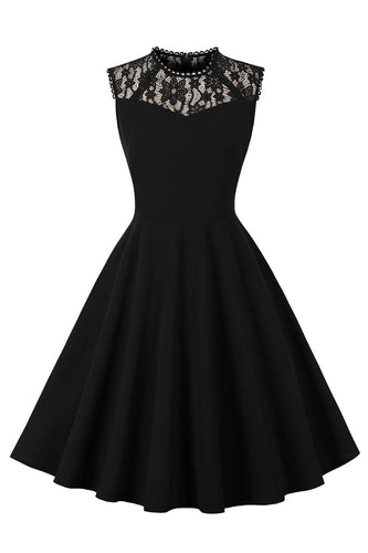 Båt Neck ermeløs svart vintage kjole med blonder