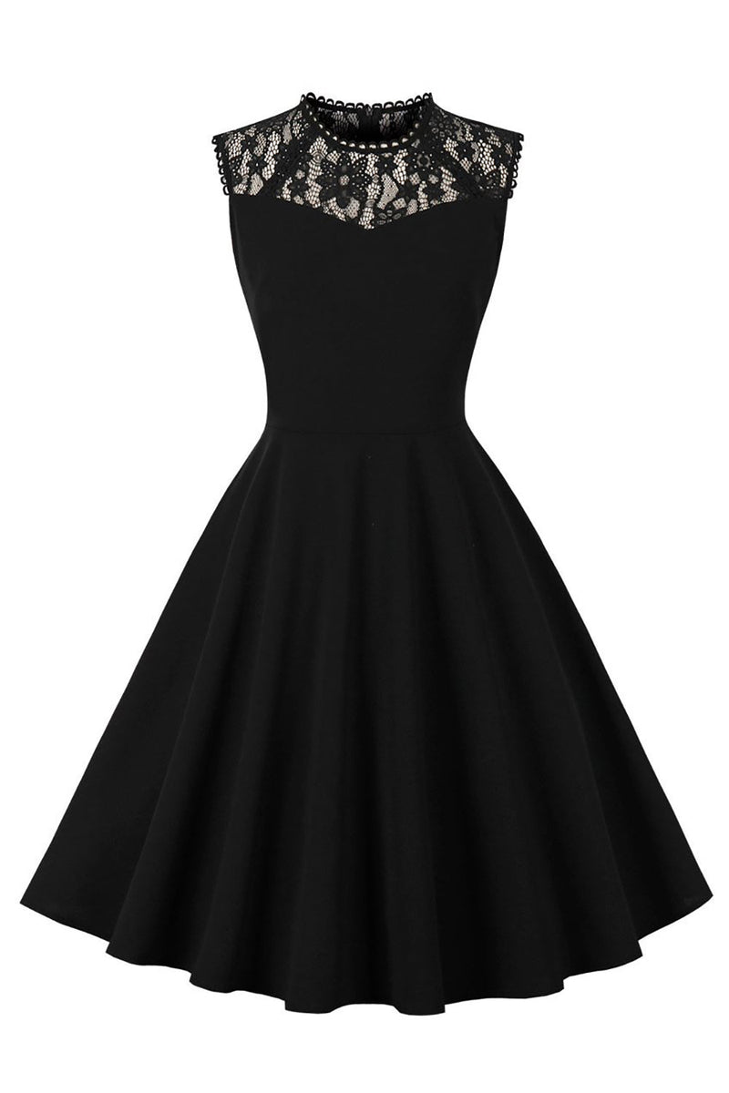 Load image into Gallery viewer, Båt Neck ermeløs svart vintage kjole med blonder