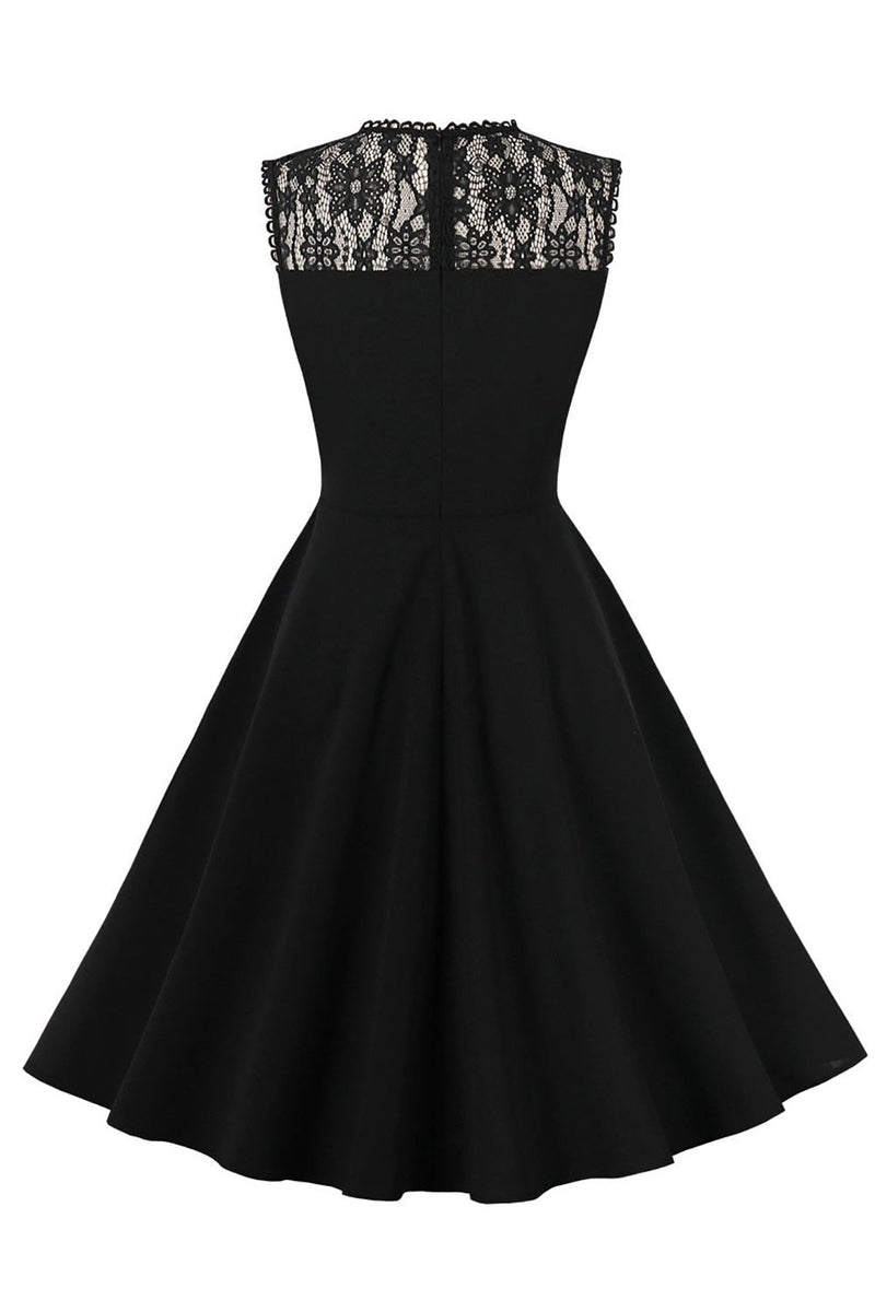 Load image into Gallery viewer, Båt Neck ermeløs svart vintage kjole med blonder