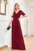 Load image into Gallery viewer, Burgunder paljett korte ermer lang prom kjole