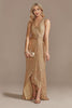Load image into Gallery viewer, Champagne V-hals høy lav paljett prom kjole