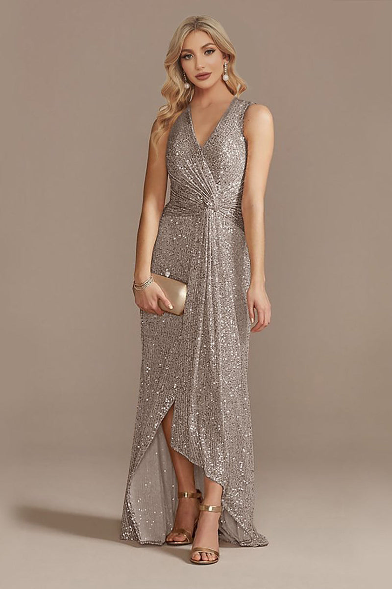 Load image into Gallery viewer, Champagne V-hals høy lav paljett prom kjole