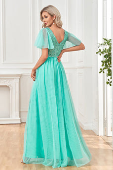 Green Flutter Ermer Sparkly A Line Long Prom Dress