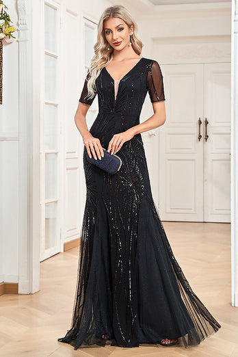 Sparkly Black Mermaid korte ermer V-hals Prom kjole